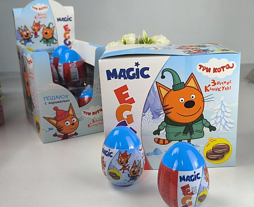 ТРИ КОТА КАНИКУЛЫ MAGIC EGG Карамель в пласт. яйце с подарком 12шт/уп УТ69029